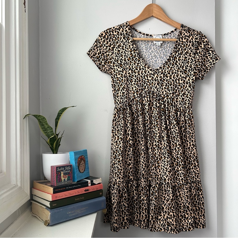 Cheetah Print Babydoll Dress with ruffles and V-neckline